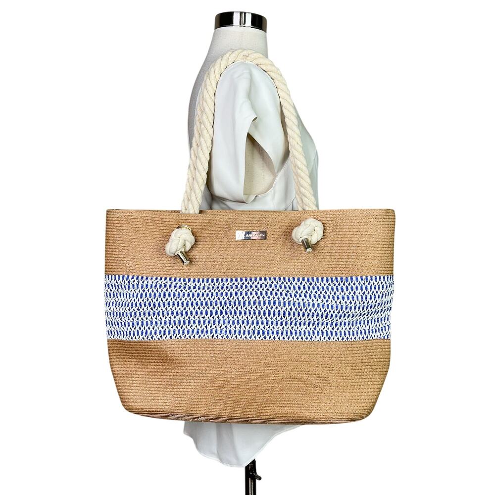 Amiani | Straw Beach Tote Blue White Stripe Rope Handle Oversized Summer Bag